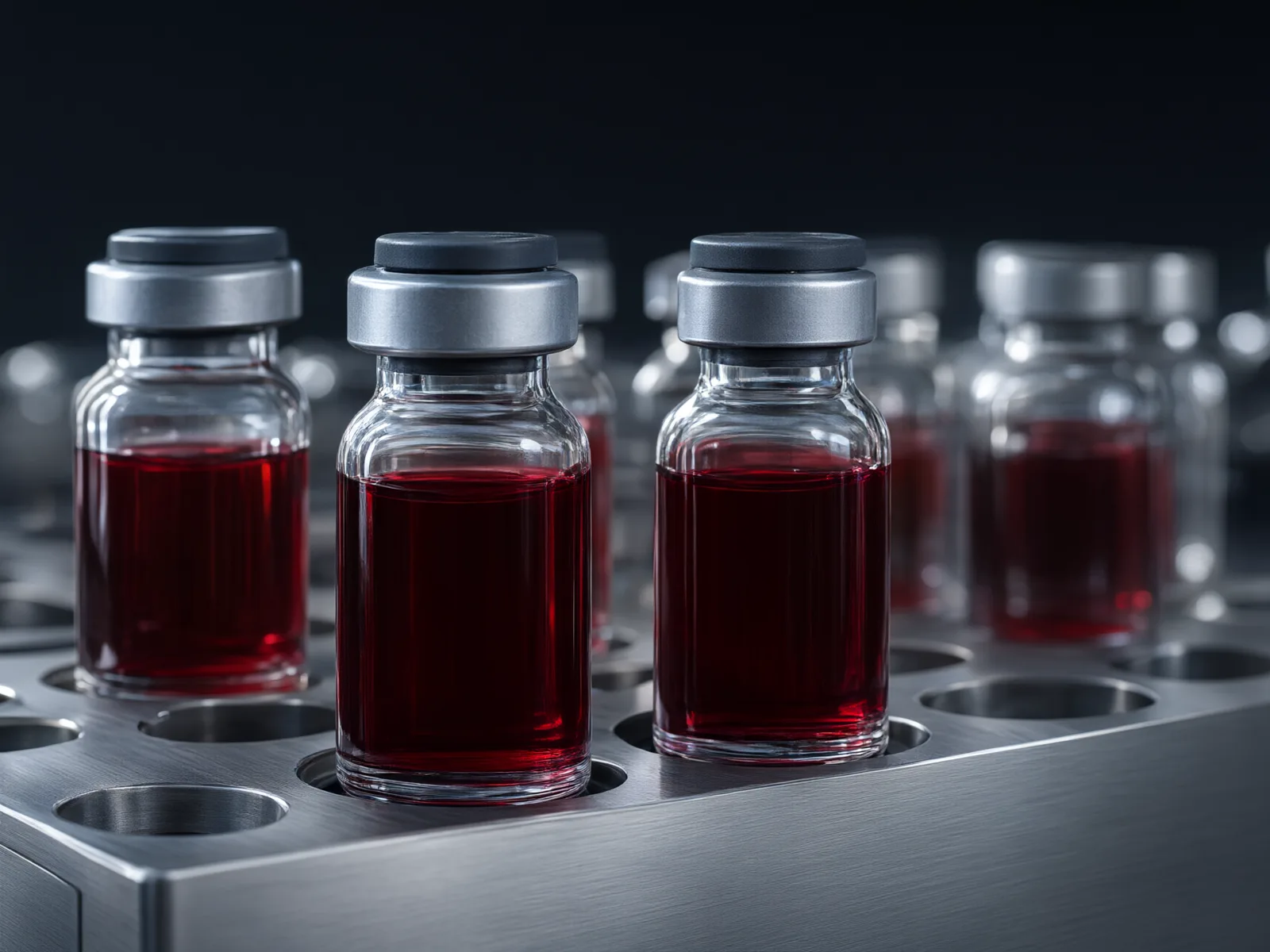 Glass vials of deep crimson solution held in a brushed steel rack.