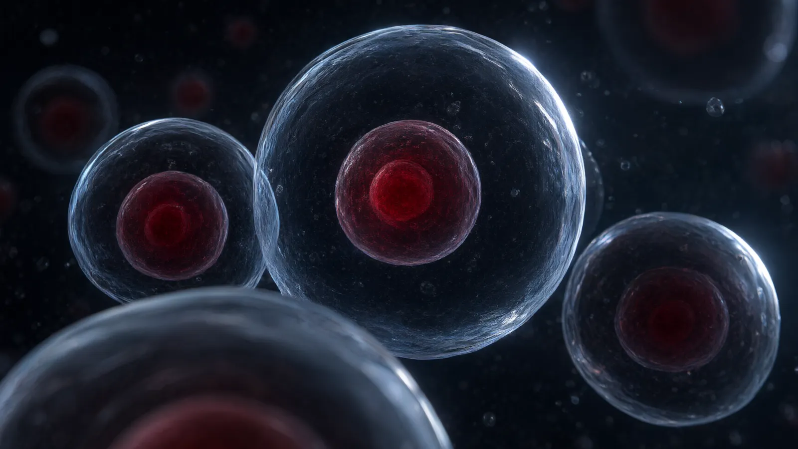 Translucent cells with crimson nuclei.