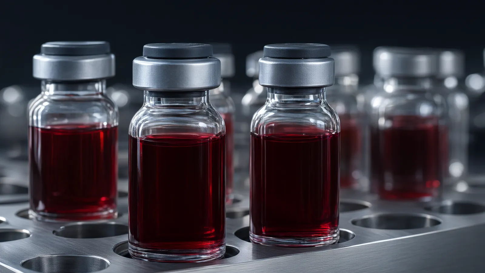 A row of sealed crimson sample vials.