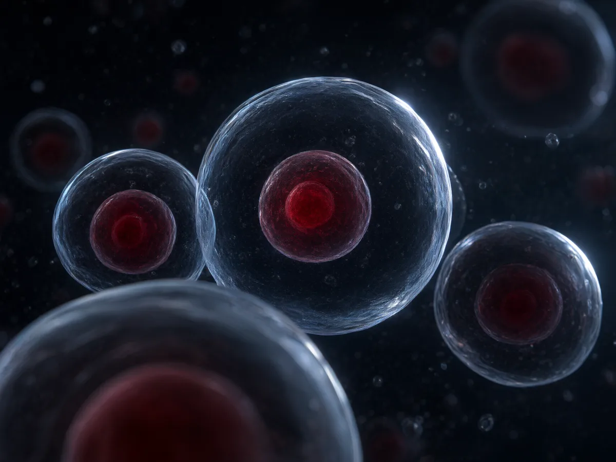 Render of translucent cells with crimson nuclei.