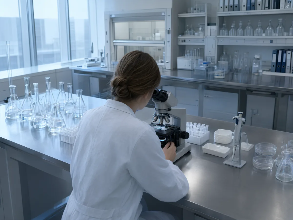 A researcher in a white coat working at a microscope in a bright laboratory.