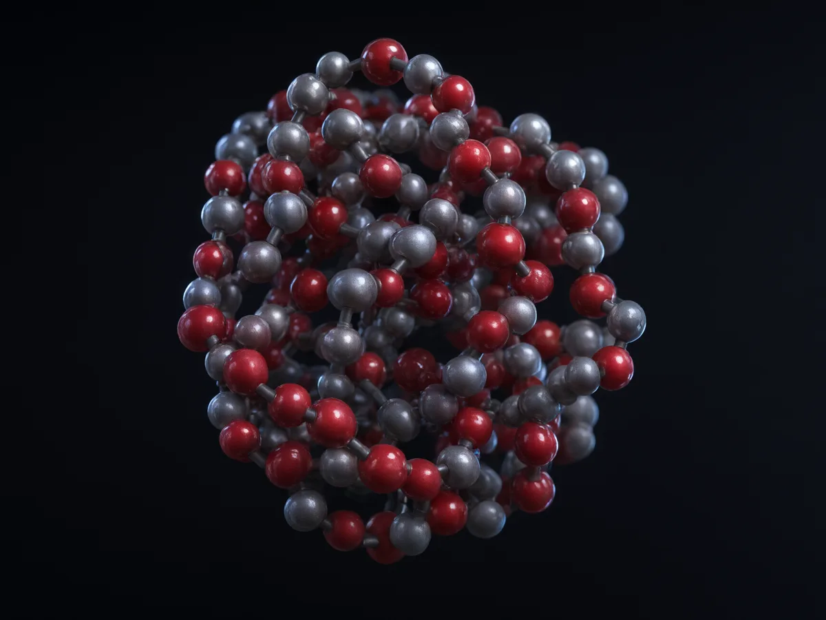 Render of a folded protein chain of crimson and steel beads.